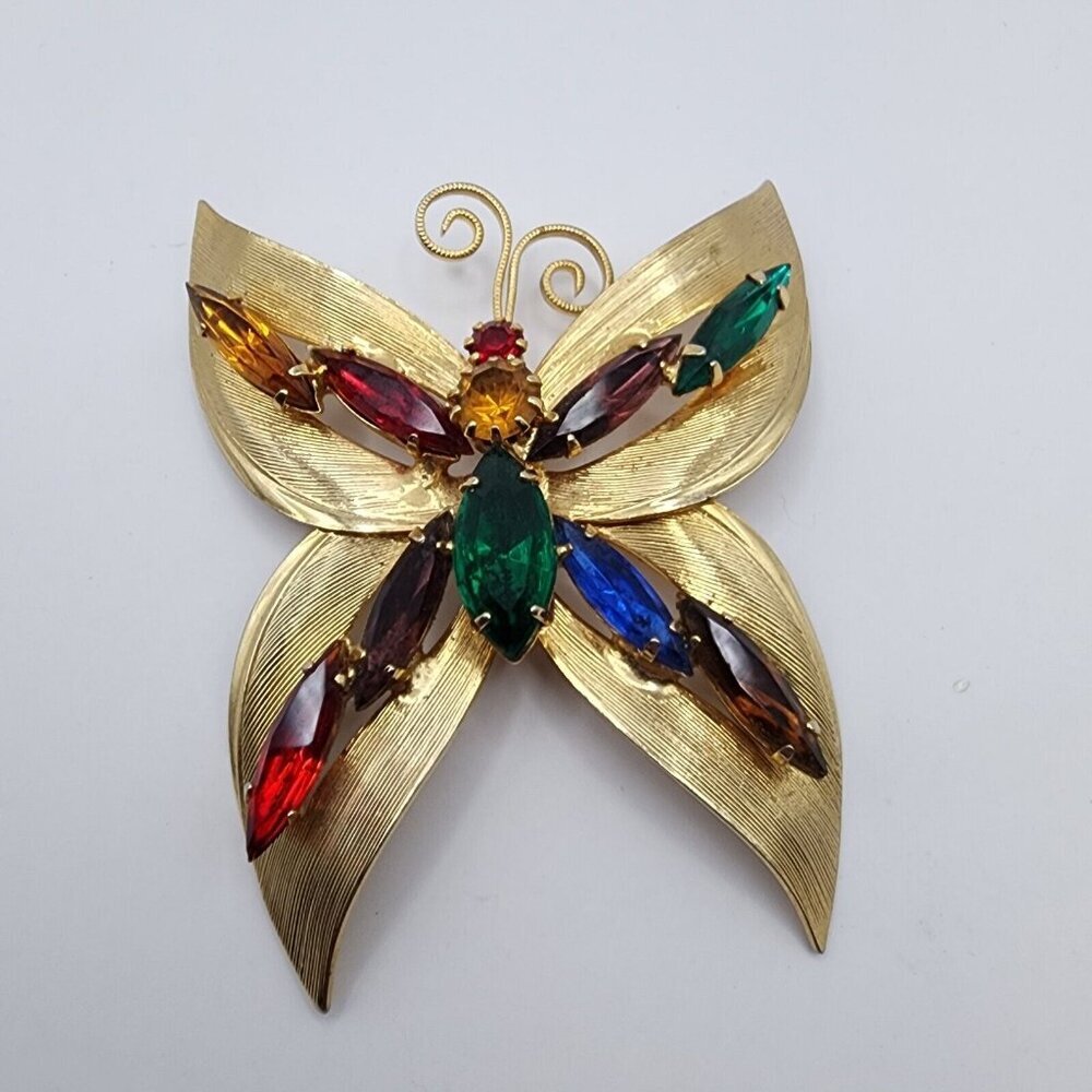 Vintage Butterfly Rhinestone Pendant Mid Century Modern Gold Tone